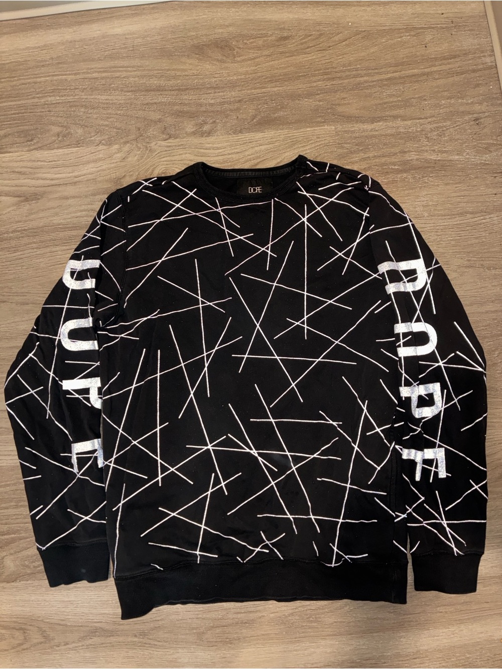 DOPE Black Geometric Line Print Crewneck Sweatshirt Streetwear Graffiti Art | L